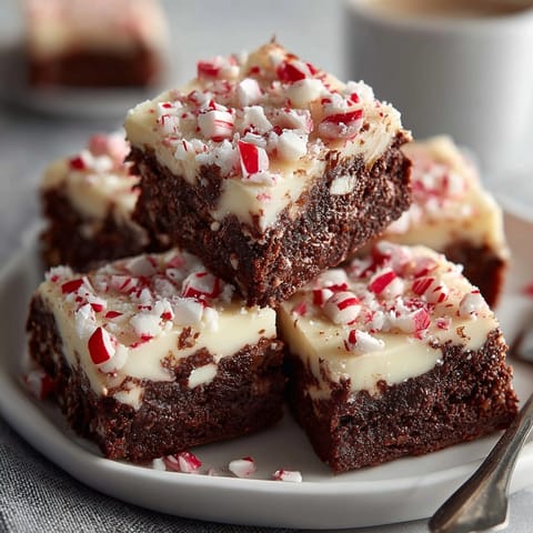 A close-up of rich Chocolate Peppermint Bark Brownies showcasing cracked peppermint candy and chocolate.