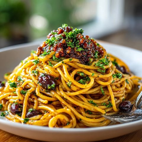 Close-up photo of steaming Lentil Pasta Puttanesca, showcasing the rich sauce and olive tapenade.