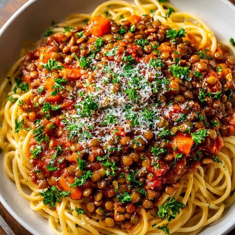 Vegan lentil Bolognese in a bowl, rich tomato sauce glistening, aromatic steam rising.