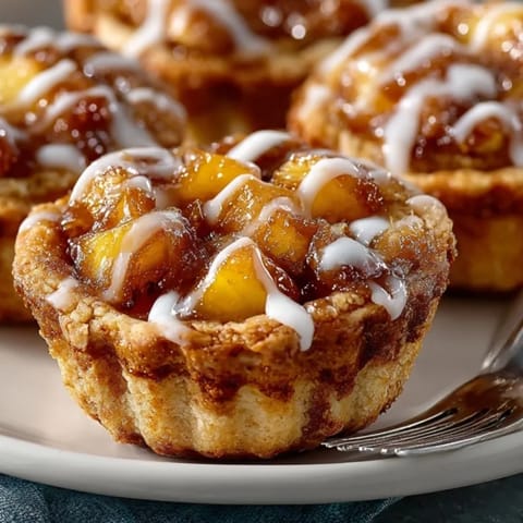 Freshly baked two ingredient mini peach pies topped with sweet cinnamon roll icing drizzle.
