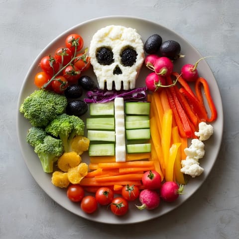 Colorful Skeleton Veggie Platter, a healthy appetizer, features crisp veggies and creamy avocado dip.
