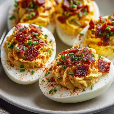 Delicious Smoked Paprika Deviled Eggs with Bacon, perfect for brunch or a holiday gathering.