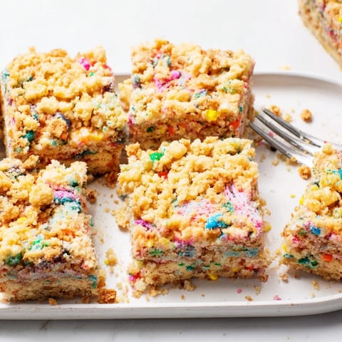 Soft, chewy Funfetti Soda Streusel Blondie Bars with colorful sprinkles and buttery crumble topping.  
