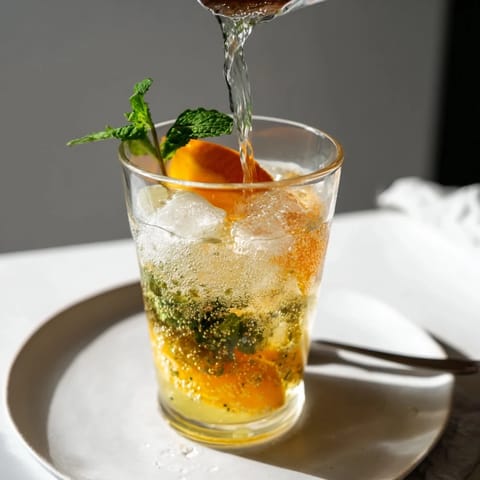 Homemade probiotic soda mocktail bursting with citrus flavor and fresh mint leaves.  