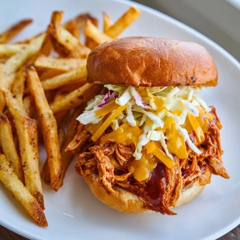 Delicious shredded BBQ Chicken Sliders nestled in soft buns, accompanied by fries.  