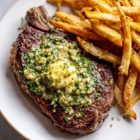 Golden, crispy fries alongside a tender Steakhouse Garlic Butter Steak, ready for a satisfying meal.