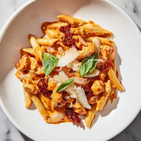 Delightful Creamy Tomato Basil Chicken Pasta prepared in a skillet, with chicken and sun-dried tomatoes.