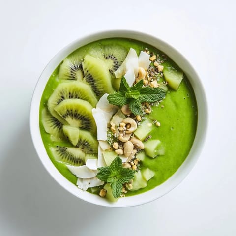 This vibrant green smoothie bowl, featuring kale, cucumber, and kiwi, is a refreshing breakfast delight.