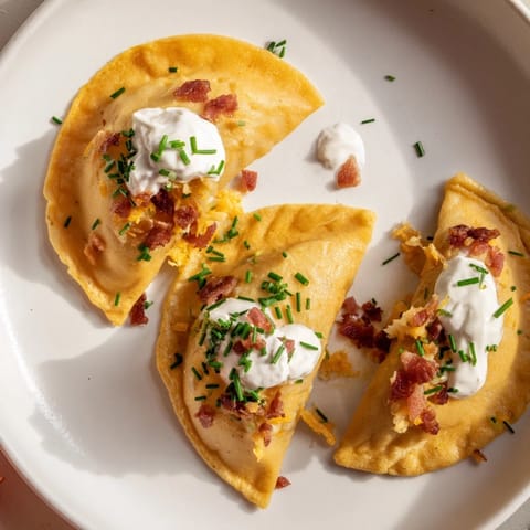 A close-up of perfectly sealed Loaded Baked Potato Soup Dumplings, showing the creamy filling inside.