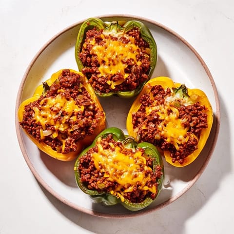 Savory Sloppy Joe Stuffed Bell Peppers brimming with a hearty ground beef and tomato filling, ready to serve.
