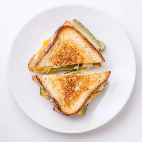 Buttery, toasted sourdough embracing melted cheese and tangy pickles in a Gooey Pickle Grilled Cheese.