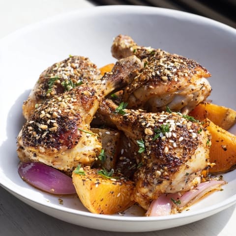 Sizzling close-up of Pan-Roasted Zaatar Chicken and Potatoes—a fragrant Middle Eastern dinner with herbs and lemon.