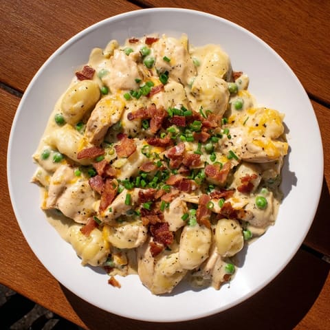This close-up of Creamy Crack Chicken Gnocchi highlights the tender gnocchi and the vibrant green peas mixed with savory chicken, ready to serve.