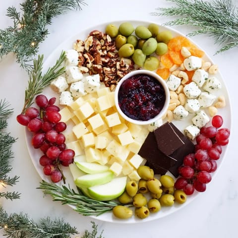 This vibrant Cranberry Joy Tree Board showcases colorful fruit alongside creamy cheeses and crunchy crackers.