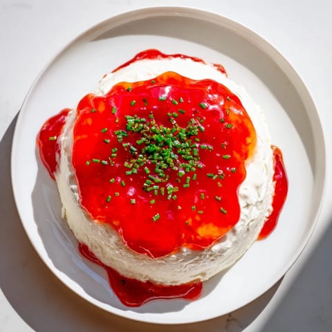 Tangy cream cheese star, beautifully topped with pepper jelly, offering a perfect appetizer for guests.