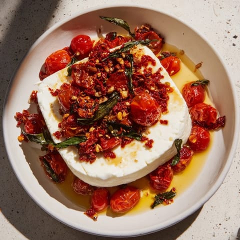 Golden baked feta 2.0 with sweet honey and chili, served over perfectly cooked pasta, ready to eat.