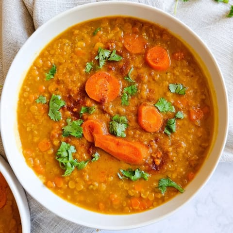 A close-up shot of a comforting, flavorful Spiced Carrot Lentil Soup, perfect for a cozy dinner.