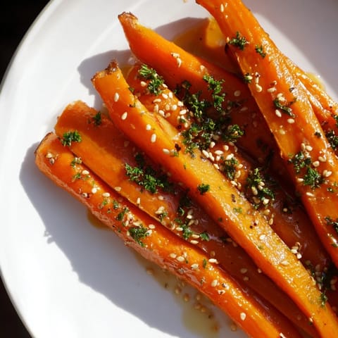 Vibrant orange maple mustard roasted carrots, caramelized and tender after baking in the oven.