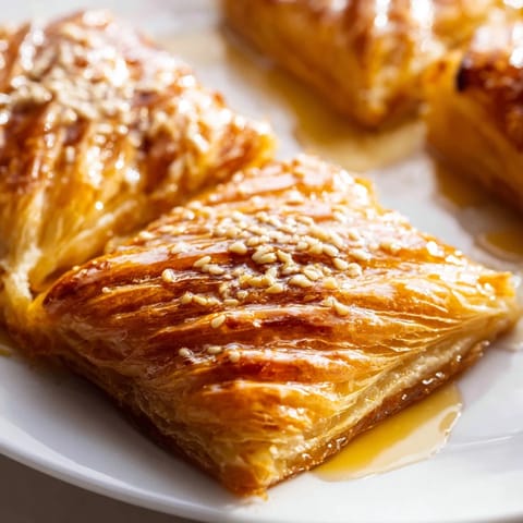 Flaky, pan-fried Moroccan Msemen, a square pastry served for breakfast, drizzled with sweet honey.