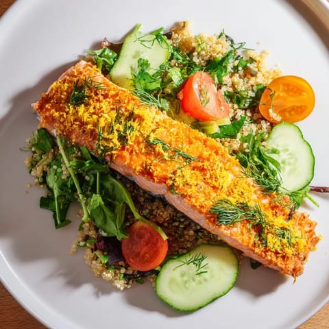 Hearty Lemon Herb Salmon Salad with quinoa, cherry tomatoes, and zesty citrus vinaigrette drizzle.  