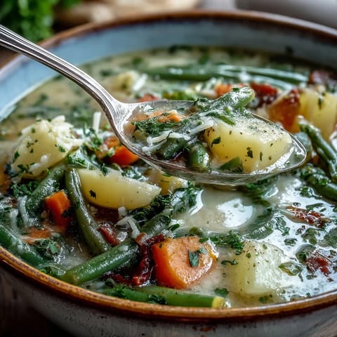 Hearty Parmesan Veggie Soup photo, showcasing tender vegetables and melted savory cheese.