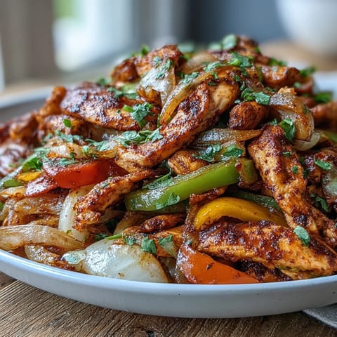 Easy Chicken Fajitas served sizzling in warm flour tortillas with sour cream and salsa.