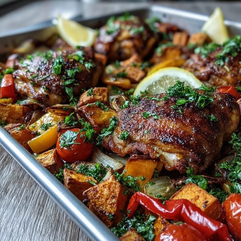 Crispy-skinned Chicken and Sweet Potato Traybake served with lemon wedges and fresh parsley garnish.