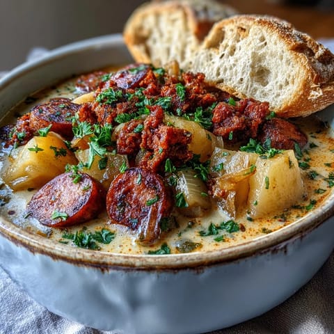 Hearty Potato, Leek and Chorizo Soup in a rustic bowl topped with crisp chorizo and fresh parsley.