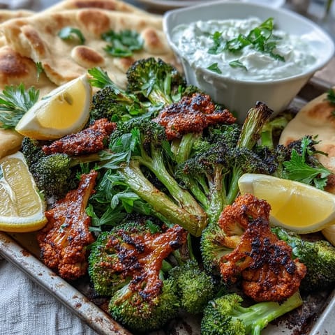 Roasted harissa broccoli with charred edges piled onto warm flatbreads, finished with creamy yogurt dollops and fresh cilantro leaves.