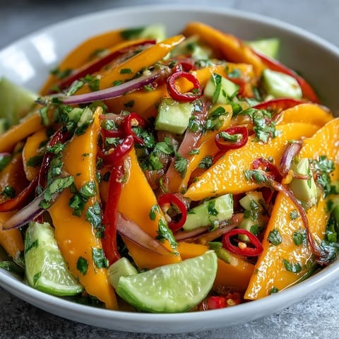 Serve this Refreshing Mango Salad with Lime Dressing alongside grilled fish or chicken for a quick summer lunch.
