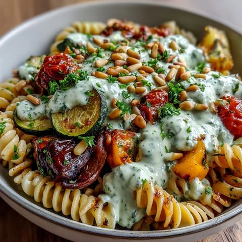 Roasted zucchini and bell peppers tossed into a Whole Wheat Pasta Bowl with rich, creamy sauce.
