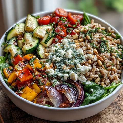 The finished Farro Pasta Bowl topped with crumbled feta cheese, fresh parsley, and toasted pine nuts.