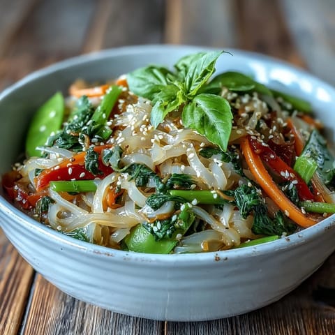 A vibrant shirataki noodle bowl tossed with crisp Asian vegetables and fresh cilantro.