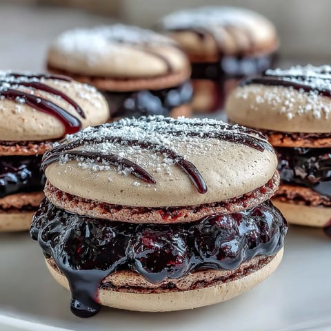 Freshly baked Black Currant Macarons are arranged on a cooling rack next to a bowl of vibrant berry purée.