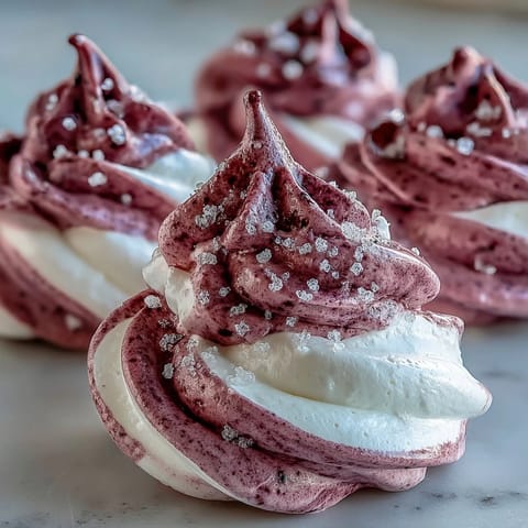 Twenty-four delicate Black Currant Meringues cool on a baking sheet after slow oven drying.