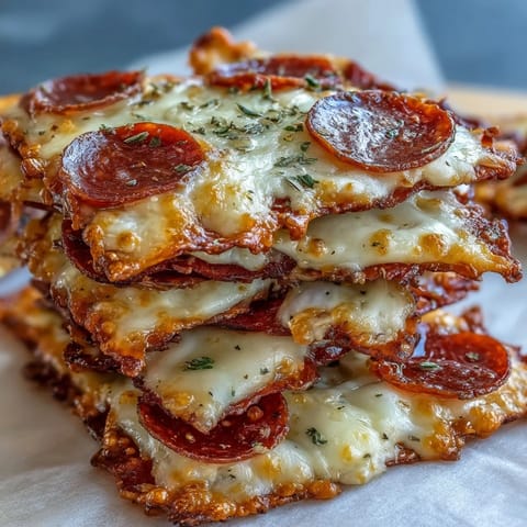 Golden, bubbly Pepperoni Cheese Crisps fresh from the oven with a rustic wooden background.