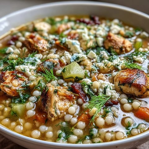 Hearty Greek Chicken & Pearl Couscous Soup topped with crumbled feta, ready to serve alongside crusty artisan bread.