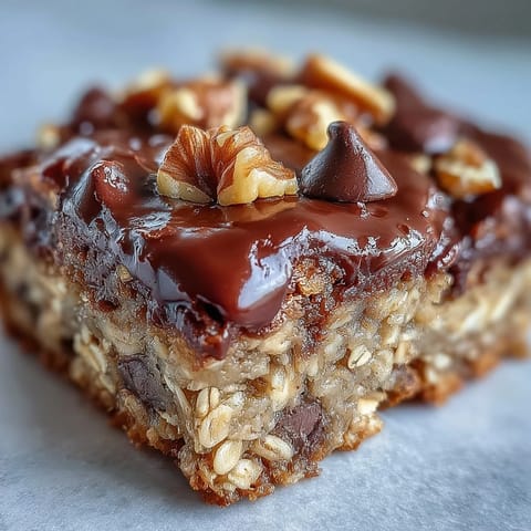 Chewy, warm Chunky Monkey Protein Oat Bars with ripe banana, melted chocolate, and crunchy walnuts on a rustic tray.