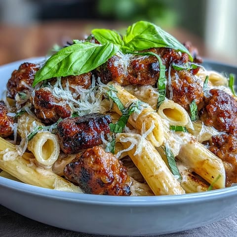 Hearty Italian sausage and penne simmered in red wine, tomatoes, and cream for a cozy, flavorful meal.  