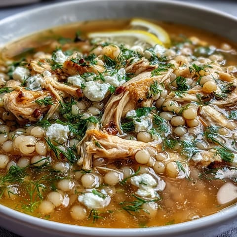 Tender shredded chicken and pearl couscous simmer in a zesty lemon broth, topped with creamy feta crumble.  