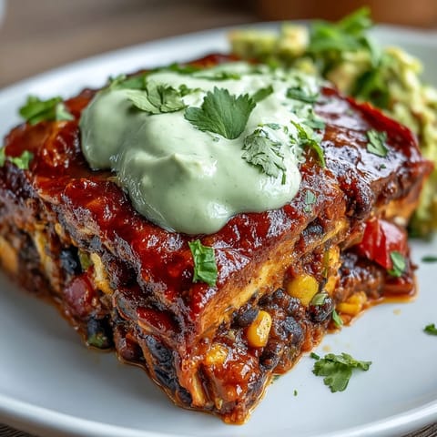 Hearty vegan black bean enchilada casserole with smoky sauce and avocado crema.