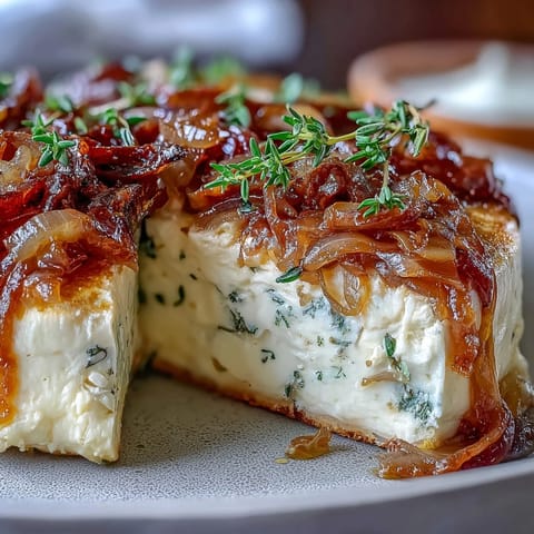 Rich, savory butter board featuring silky caramelized onions swirled into creamy butter, garnished with fresh herbs and served with crunchy crackers and warm bread.