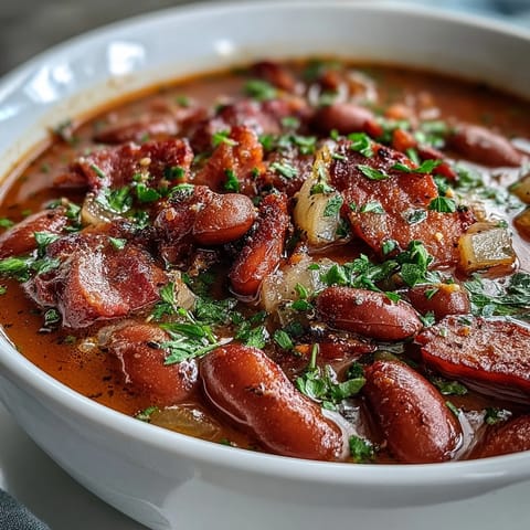 Hearty bowl of ham and red bean soup with smoky ham, creamy beans, and fresh parsley garnish.  