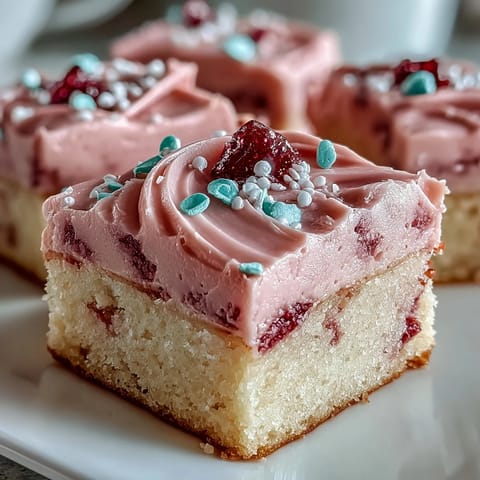 Soft sugar cookie bars topped with creamy strawberry frosting, perfect for Valentine's Day celebrations.