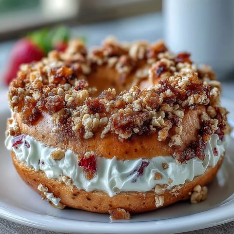 Strawberry Cheesecake Protein Bagels with Crumble Topping: Soft, golden bagels filled with creamy cheesecake and fresh strawberries, topped with a buttery oat crumble.
