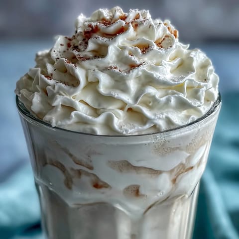 Refreshing high-protein Vanilla Bean Frappuccino made with Greek yogurt, vanilla bean, and ice, topped with whipped cream for indulgence.  