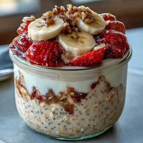 Layered overnight oats with strawberries, banana, and chia seeds, perfect for meal prep or busy mornings.  