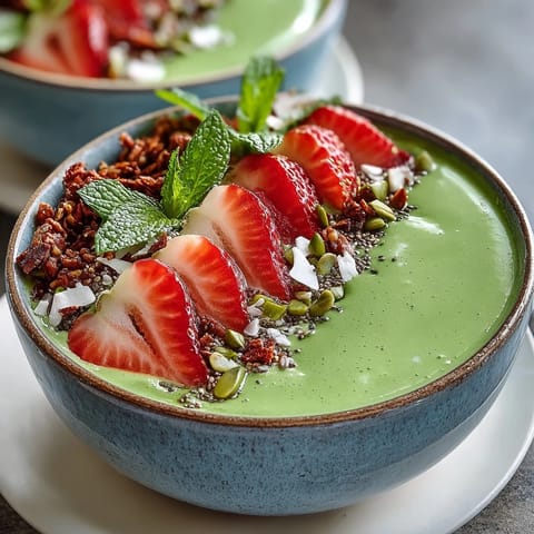 Vibrant strawberry matcha latte smoothie bowl topped with fresh berries, crunchy granola, and coconut flakes for a nourishing breakfast.