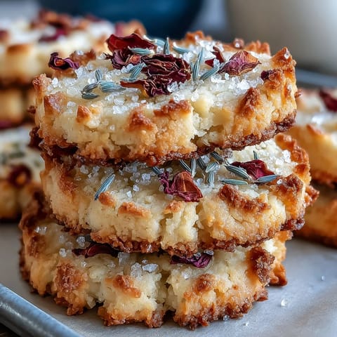 2. Buttery shortbread cookies topped with pressed edible flowers and a sprinkle of sugar, perfect for a springtime Mothers Day celebration.