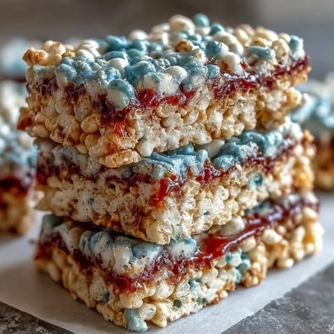 Red, white, and blue Rice Krispies treats stacked in patriotic layers, perfect for 4th of July celebrations.